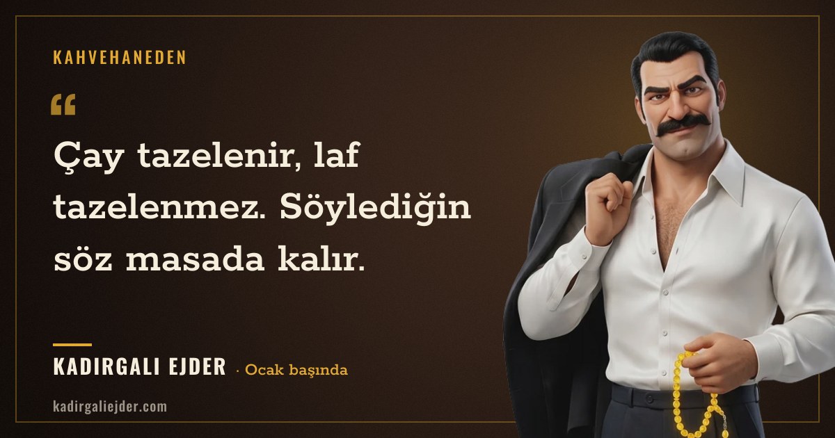 Kadırgalı Ejder söz kartı: Çay tazelenir, laf tazelenmez. Söylediğin söz masada kalır.