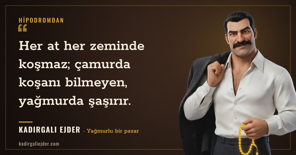 Kadırgalı Ejder söz kartı: Her at her zeminde koşmaz; çamurda koşanı bilmeyen, yağmurda şaşırır.