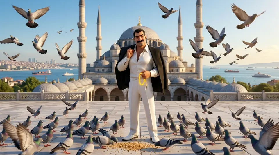 Süleymaniye Camii avlusunda avuçlarından buğday saçan Kadırgalı; etrafında havalanan güvercinler.