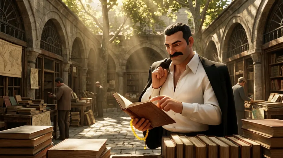 Beyazıt Sahaflar Çarşısında eski kitap ve dergi yığınlarının arasında sayfa çeviren Kadırgalı.