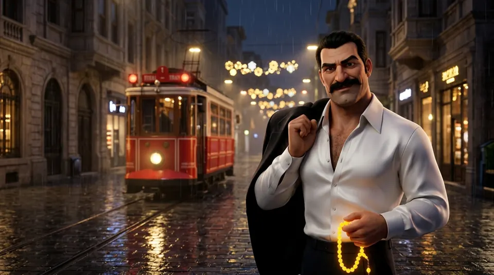 Yağmurlu bir gecede ışıkları ıslak taşlara vuran İstiklal Caddesi'nde, kırmızı tramvayın yanında yürüyen Kadırgalı.